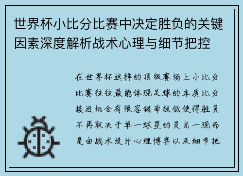 世界杯小比分比赛中决定胜负的关键因素深度解析战术心理与细节把控